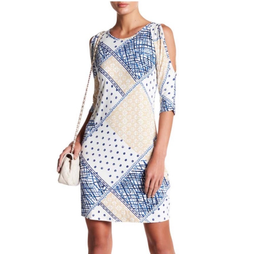 Loveappella - 3/4 Sleeve Cold-Shoulder Print Dress